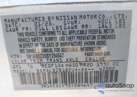 2025 Nissan Sentra Sv z USA, uszkodzony, nr VIN 3N1AB8CV9SY284647